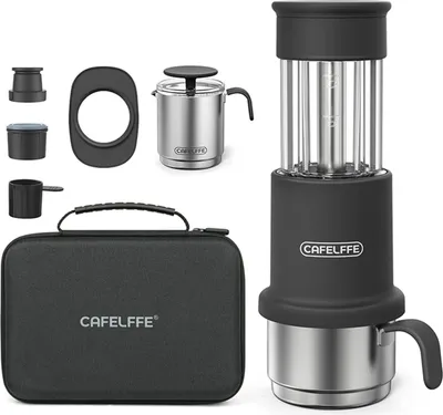 Image de Cafetière de voyage portable 2 en 1 compatible avec les capsules NES et le café moulu Presse à café manuelle avec tasse en acier inoxydable de 120 ml Réservoir d'eau de 80 ml Pichet à mousse de lait de 60 ml Étui de rangement