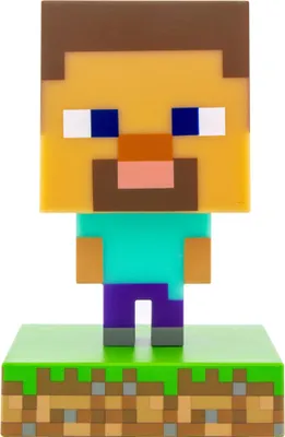 A Minecraft Steve character figurine standing on a grass and dirt block base.