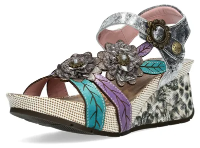Produktbild von Laura Vita Damen Sandalette Blütenapplikationen Plateau und Keilabsatz Barry 41, Größe:39 EU, Farbe:Grau