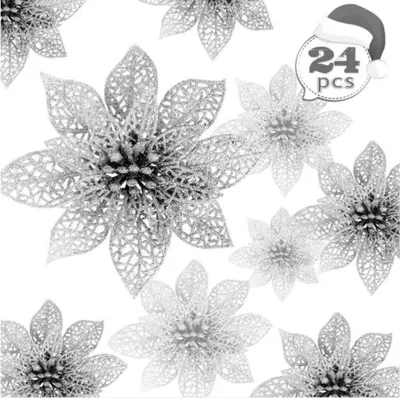 Produktbild von Glitter Weihnachten Blumen Ornamente 24 Stück,Künstliche Blumen Weihnachtsblume Nachbildung für Weihnachten, Weihnachtsbaum,Kränze,Hochzeit (Silber)