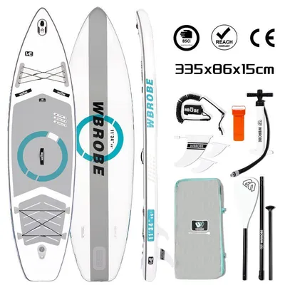 Produktbild von WaveRite SUP Board 335cm aufblasbar, Stand Up Paddle mit Fußpedal, bis 200 kg, Ultra leicht, für 1-2 Personen, Touring Allround Paddleboard Grau