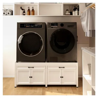 Produktbild von Waschmaschinenschrank mit 4 Türen und einer Schublade in Weiß für die Aufbewahrung im Wohnzimmer