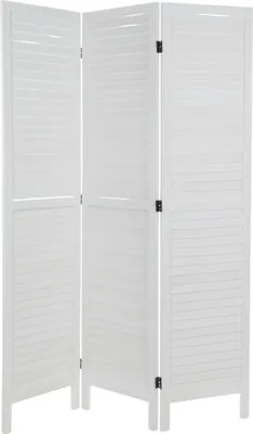 A white, three-panel room divider with slatted panels.