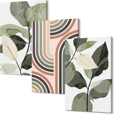 Produktbild von Leinwandbild – Wandbild – Leinwandbilder – Kunstdruck – Polycanvas – Modern – Mehrteilig – 3-Teilig Set – Hochwertig – Geruchslos – Lichtecht – Fertig Aufgespannt – 40x60 Cm Je Teil - Pflanzenmotive mit geometrischen Mustern in Grüntönen