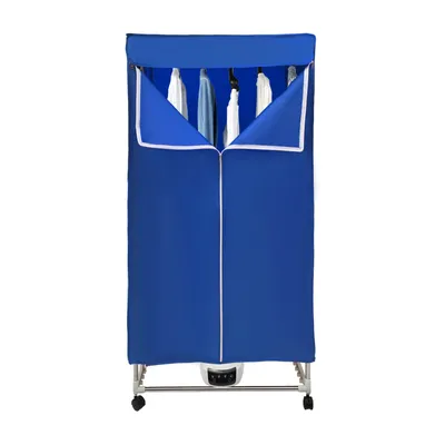 A blue electric clothes dryer stand with clothes hanging inside, shown against a white background.