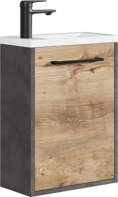 Produktbild von Gäste-WC Waschtisch Set Florence 40 x 22 cm – Grau mit Kastanie Eiche – Waschbeckenunterschrank mit 1 Tür und Soft-Close