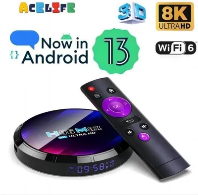 A smart TV box and remote control are displayed with various marketing graphics and text.
