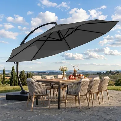Imagen del producto de Sombrilla con pie de 330 cm, sombrilla redonda de aluminio con manivela, parasol para jardín que gira 360°, inclinable hasta 90° y con 8 varillas, gran sombrilla para jardín y exteriores, color gris