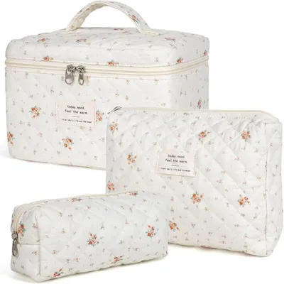 Produktbild von 3-teiliges Make-up Taschen Set, Gequilt, Baumwolle, Große Kapazität, Blumenmuster, Reise Kosmetiktasche