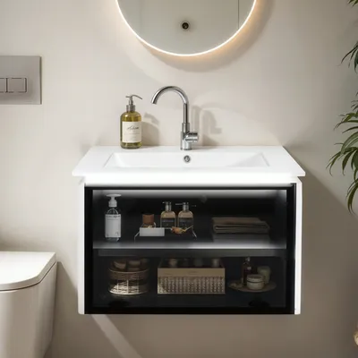 Productafbeelding van AIORBER wastafelonderkast, met keramische wastafel, met glazen deur, badkamermeubels, met inductielamp, voor de badkamer, 61,5x46,5x47cm, wit