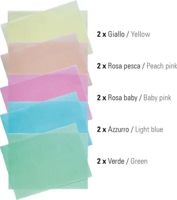 Produktbild von Oblatenpapier dünn färbig sortiert 0,3 mm 10 Blatt A4 von Decora - Wafer Paper in gleb grün blau rosa und pfirsich