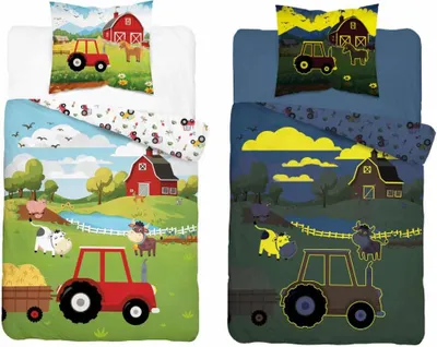 Two farm-themed duvet cover sets, one in daylight and one at night.