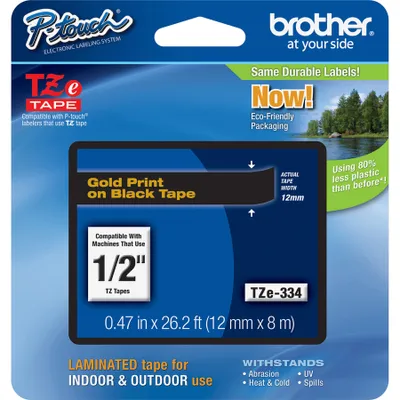 Produktbild von brother Beschriftungsband TZe-334 gold auf schwarz 12 mm