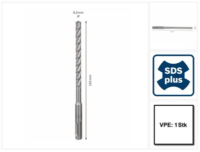 Zdjęcie produktu dla Bosch 2 608 576 131, Młot udarowo-obrotowy, Spiralne wiertła do cięcia, 8 mm, 165 mm, 10 cm, Z węglika wolframu (TC)