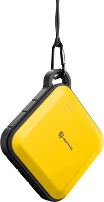 A yellow power bank with black accents is hanging from a black cord and carabiner.
