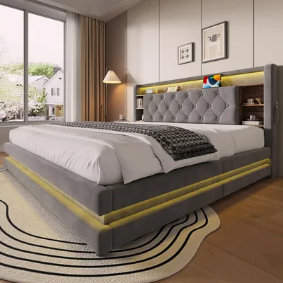 Imagen del producto de Cama tapizada Zerbaco con cajón, 180x200 cm, cama doble, con sistema hidráulico, iluminación LED, puertos USB y Type-C, con somier, color gris oscuro