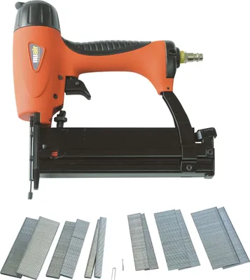 Produktbild von Nuair Tacker Set - Heftklammer und Nagelpistole - Inkl. 600 Heftklammern 13-40MM - Inkl. 600 Nägel 10-50MM - Aluminium - Orange/Schwarz