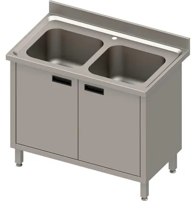 Produktbild von Spülschrank mit zwei Becken und Flügeltüren, mit Aufkantung, 1000 mm x 600 mm x 850 mm (BxTxH)