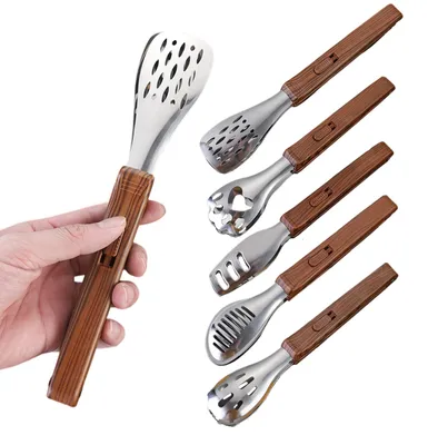 Produktbild von Set aus 5 Grillzangen aus Edelstahl mit Holzgriffen für Küche und Grill