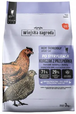 Obrázok produktu pre WIEJSKA ZAGRODA Sterilizované kuracie mäso s prepeličím mäsom – suché krmivo pre mačky – 3 kg