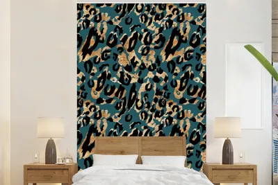 Produktbild von MuchoWow® Fototapete für Wohnzimmer oder Schlafzimmer Wandtapete Vinyl Motivtapete Pantherdruck - Gold - Türkis - 195x300 cm - Das Hintergrundbild