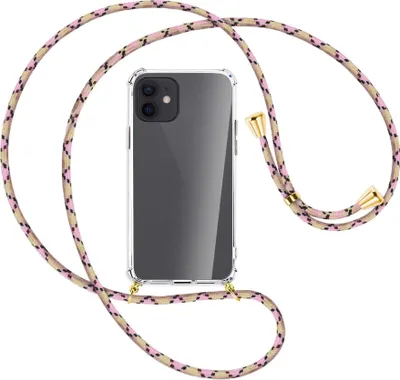 Produktbild von Handykette Backcover-Schutzhülle mit Band (Metall goldfarben) für Apple iPhone 12, 12 Pro - rosa Karo