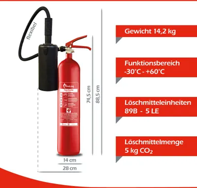 Produktbild von FireLoq 5kg Co2 Kohlendioxid im Stahl Behälter Feuerlöscher für elektrische Anlagen und EDV 89B 5 LE Dauerdruck inkl. Prüfnachweis,Wandhalter