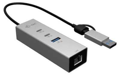 Produktbild von i-tec USB-C/USB-A Metal HUB 3 (2x USB-C, 1x USB-A) Port + 2.5GLAN, USB 3.2 Gen 1 (3.1 Gen 1) Type-A + Type-C, USB 3.2 Gen 1 (3.1 Gen 1) Type-C, USB 3.2 Gen 1 (3.1 Gen 1) Type-A, RJ-45, 5 Mbit/s, Silber, 0,25 m, 2.5 Gigabit Ethernet