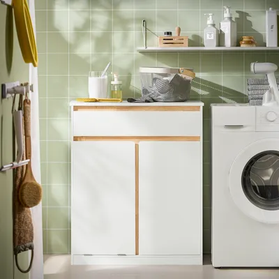 Produktbild von SoBuy Badezimmerschrank mit Wäschekorb und Schublade – Weißer Badschrank mit Tür, Schublade und Kippsystem, Badmöbel für kleines Badezimmer BZR79-W