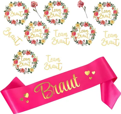 Produktbild von Oblique Unique JGA Hochzeit Accessoire Set - Braut Schärpe + Braut - Team Braut Tattoos pink gold