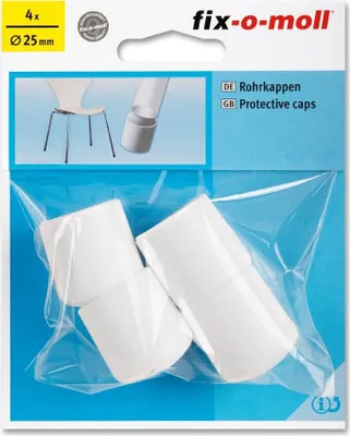 The image shows a retail package containing four white protective caps for pipes.