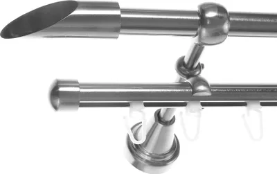 Produktbild von Gardinenstange Rohr und Innenlauf Edelstahl Look, Metall, Durchmesser 16mm, Wandträger H14RI, 2-läufig, Länge 160, Endkappe E15