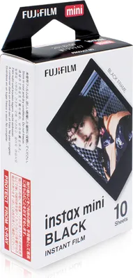 A box of Fujifilm instax mini black frame instant film.