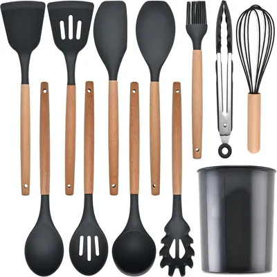 Obrázek produktu pro OKWISH Set kuchyňských pomůcek silikon - 12dílný set kuchyňských nástrojů ze silikonu a dřevěných rukojetí, odolný proti teplu, nepřilnavý a snadno čistitelný, set pro všechny hrnce a pánve (khaki)