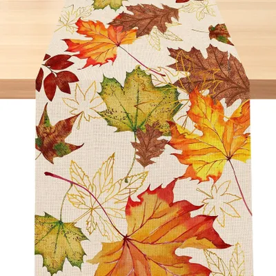 Productafbeelding van Tafelkleed - Waterafstotend, met linnenlook en esdoornbladmotief - Tafeldecoratie - 33x183 cm