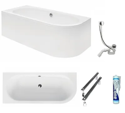 A collage of images showing a bathtub and its accessories.