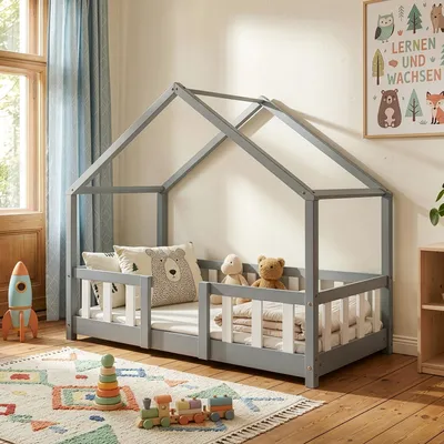 Image de Lit bébé "Treviolo" au style maison, avec barrière de sécurité, en bois de pin, dimensions 70 x 140 cm, couleur gris clair / blanc