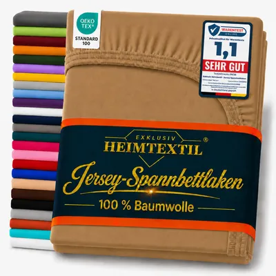 Produktbild von EXKLUSIV HEIMTEXTIL Marke Jersey Spannbettlaken 200 x 220 cm Nougat 100% Baumwolle Bed-Sheet Bettlaken Spannbetttuch Topper Leinentuch