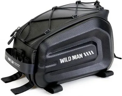 A black bicycle bag with the brand name 'WILD MAN' printed on it.