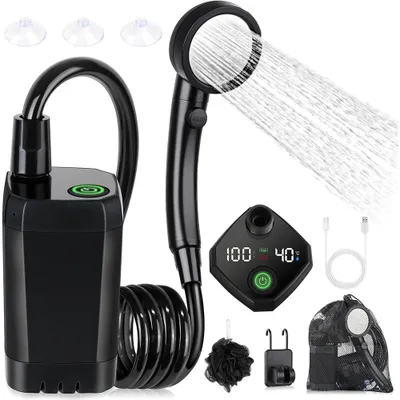Productafbeelding van Draagbare campingdouche, 6000mAh, elektrische douchepomp met temperatuur- en batterijindicator, douchekop en 2 meter slang, geschikt voor camping, tuin, auto en huisdieren