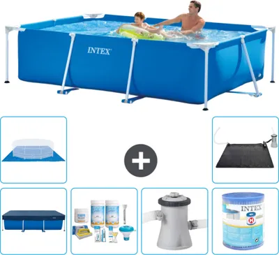 Produktbild von Intex-Schwimmbecken mit rechteckigem Rahmen – 260 x 160 x 65 cm – Blau – im Lieferumfang enthalten Abdeckung - Wartungspaket - Filterpumpe für Schwimmbad - Filter - Bodenplane - Solarmatte