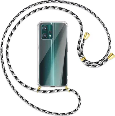 Produktbild von Handykette Backcover-Schutzhülle mit Band (Metall goldfarben) für Realme 9 Pro Plus 5G - schwarz/grau/weiß