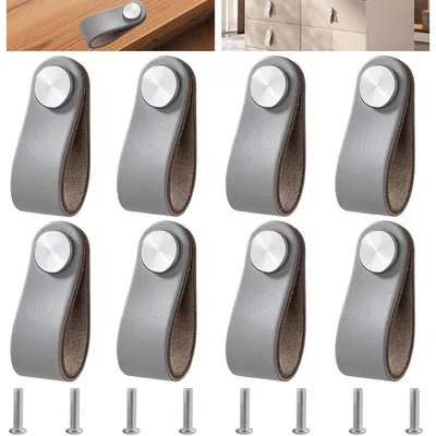 Image de 8 poignées en cuir gris, poignées de meubles pour armoires et tiroirs