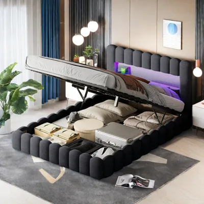 Produktbild von Polsterbett 140x200cm, Boxspringbett mit hydraulisches Bettkasten, Bett mit Lattenrost, Leselicht mit USB-Ladeanschluss und LED-Beleuchtung, Stauraumbett Doppelbett Jugendbett (Grau)