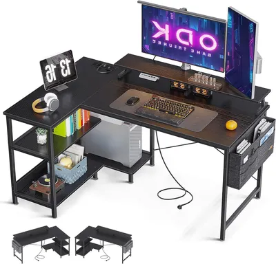Image de Bureau en forme de L - Bureau d'angle pour espace de travail - Idéal pour le télétravail et les études - Avec port de charge - 120x80 cm - Noir