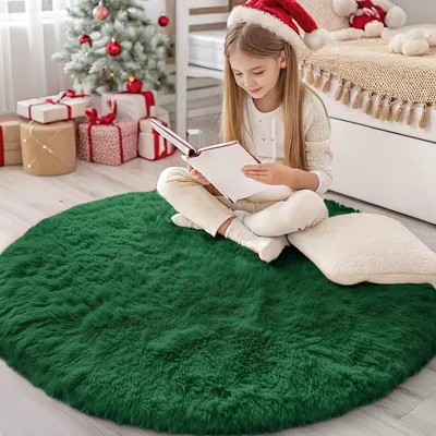 Image de Tapis moelleux, à poils longs, lavable et antidérapant, diamètre 120 cm