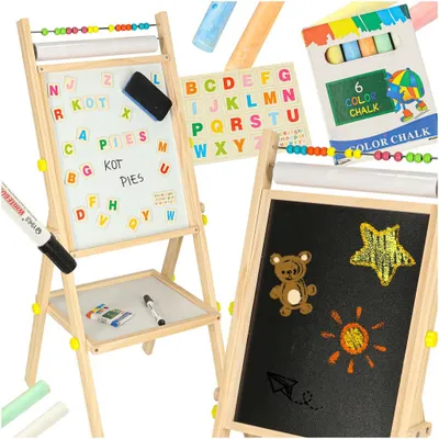 Image de Tableau magnétique à craie double face en bois avec lettres et craies, 38 x 37 x 90 cm