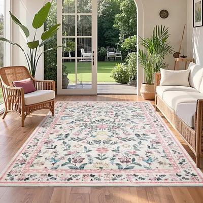 Image de Tapis lavable, dimensions 120 x 170 cm, motif floral rose, antidérapant, idéal pour le salon ou la chambre