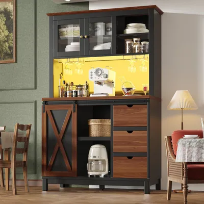Produktbild von Flieks Hochschrank mit LED Beleuchtung & App-Steuerung, Küchenschrank mit Schublade, Schiebetür und drei Schubladen, Sideboard 104x40x180cm, Schwarz