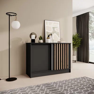 Produktbild von BEAUTYSOFA | Kommode HORIZON 120 cm Schwarz, Artisan mit Lamellen Sideboard mit 2 Schiebetüren, Modernes Design, viel Stauraum
